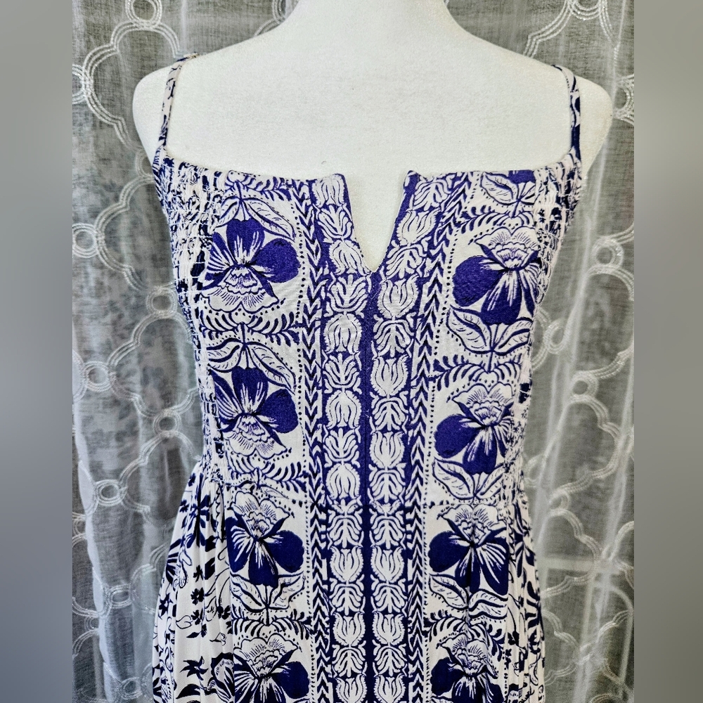 Angie Boho Blue and White Spaghetti Strap Smocked Maxi Dress Size L - Picture 2 of 9